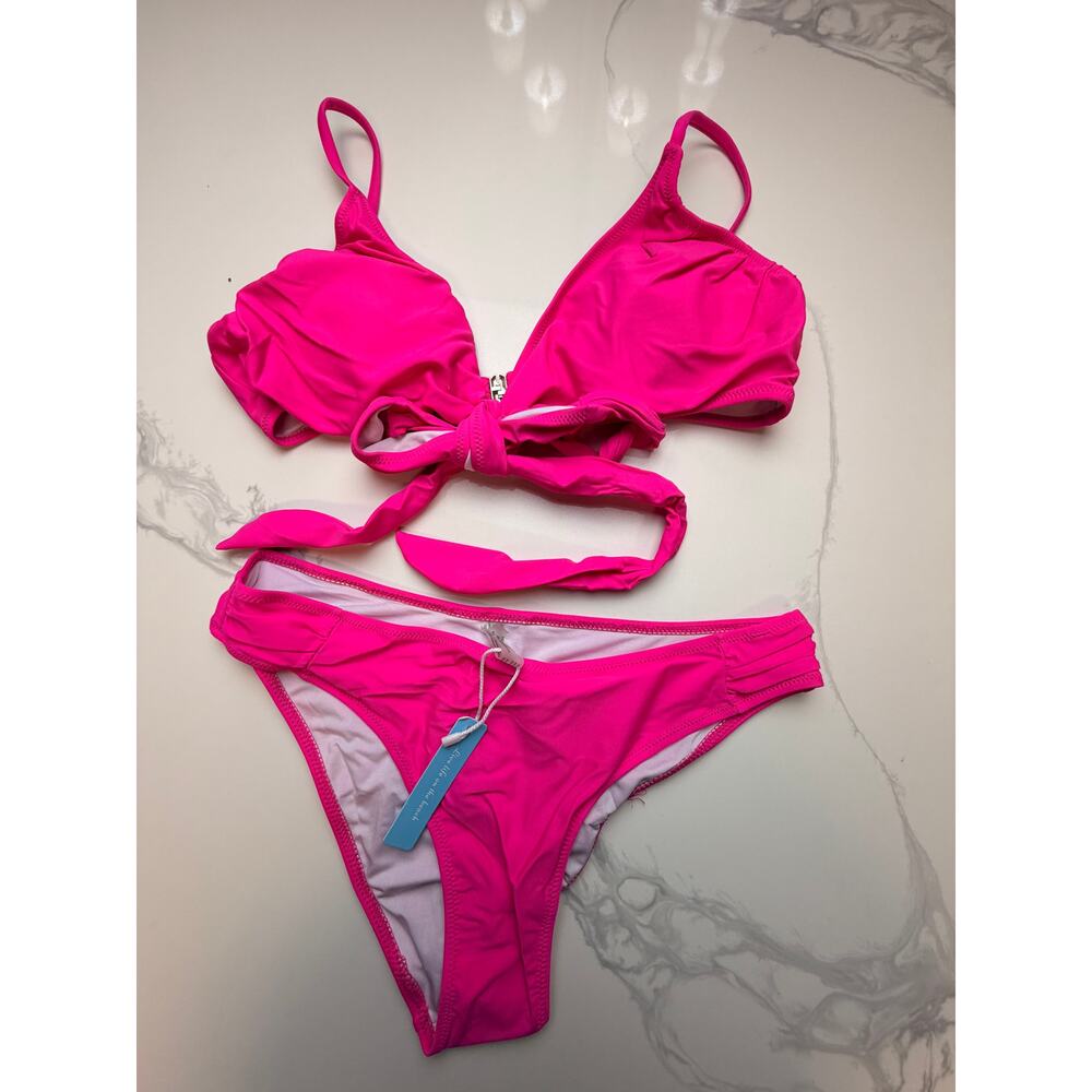 NWT Hot Pink Tie Front Bikini Set Large